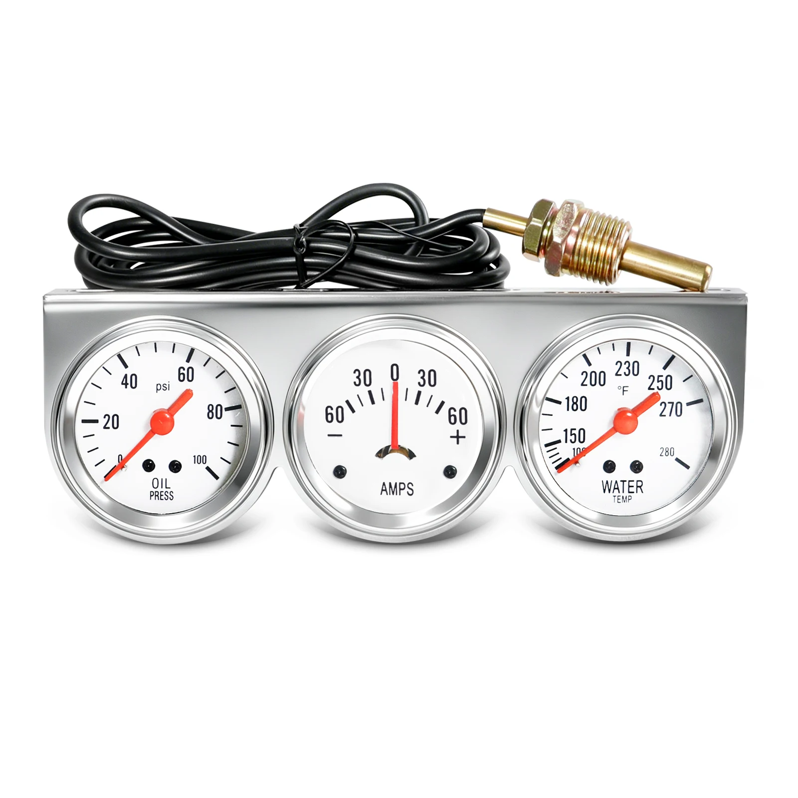 3-Gauge Mechanical Kit Universal Chrome 52mm Panel Water Temp 100-280°℉ Oil Pressure 0-100psi  Ammeter -60-+60 amps Triple Gauge