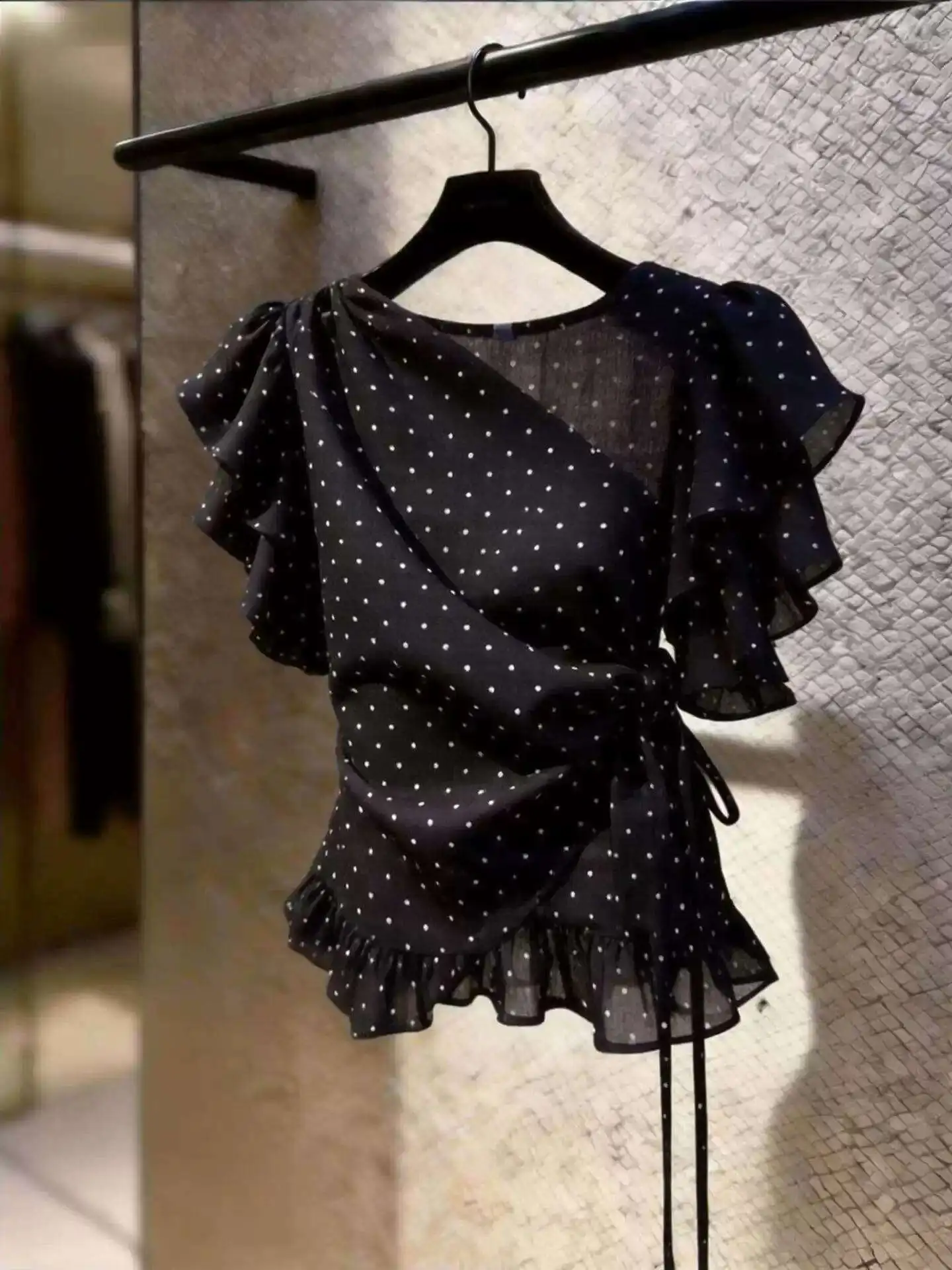 

Black Polka Dot Short Sleeve Chiffon Shirt Women's Summer Waist Cinching Design Unique Bow Tie Asymmetrical Lace Trim Top