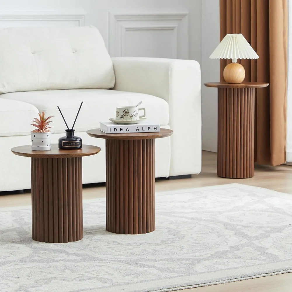 Tri-Level Nesting Coffee Table Set in Mid-Century Modern Style, Fluted Coffee and End Table Duo, Compact Circular Wooden Side Ta