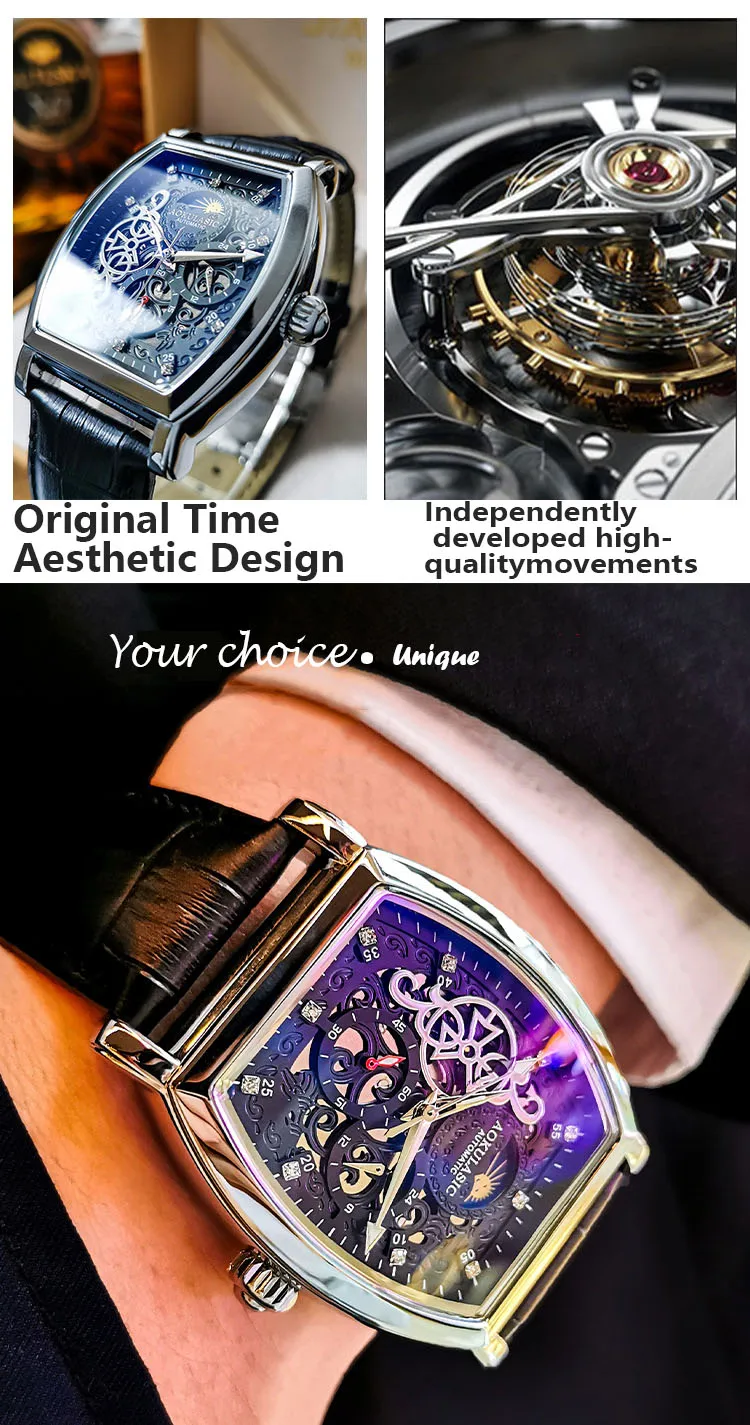Fully automatic mechanical watch hollowed out transparent bottom watch men's waterproof luminous leather butterfly buckle