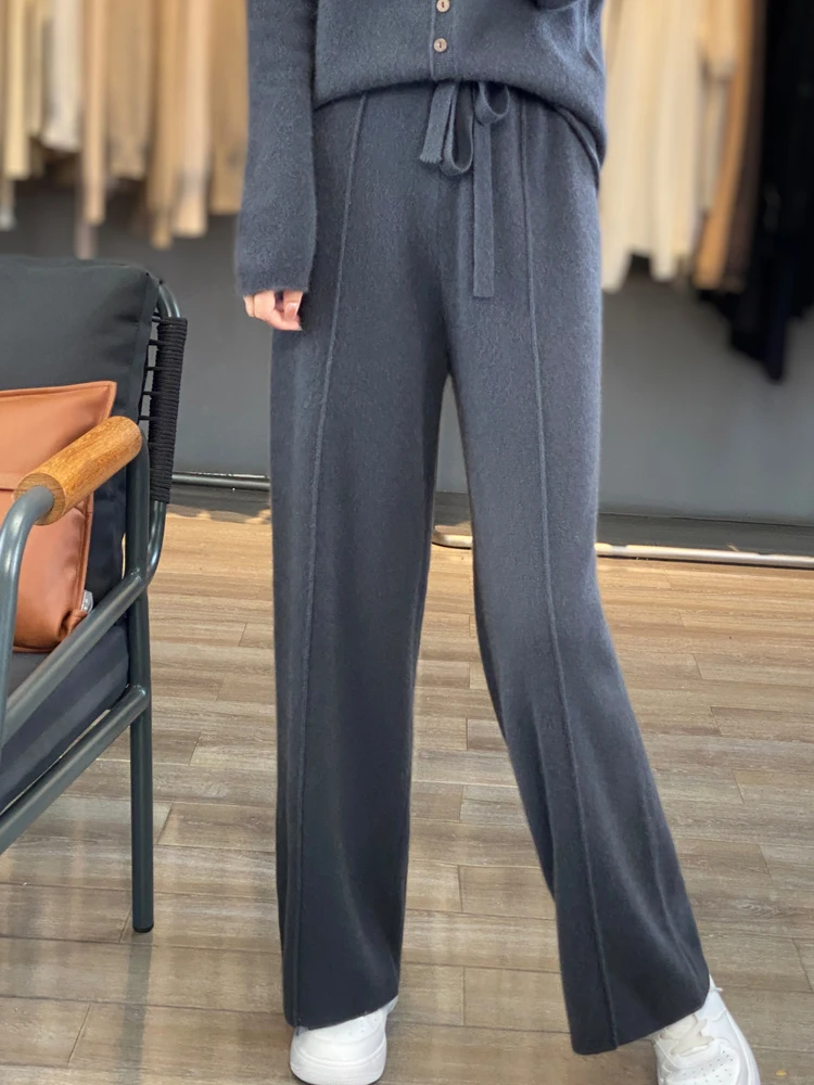 Pantaloni a gamba larga lavorati a maglia in lana merino 100% da donna Autunno Inverno Pantaloni basic in maglia di cashmere morbidi e caldi Casual stile semplice coreano