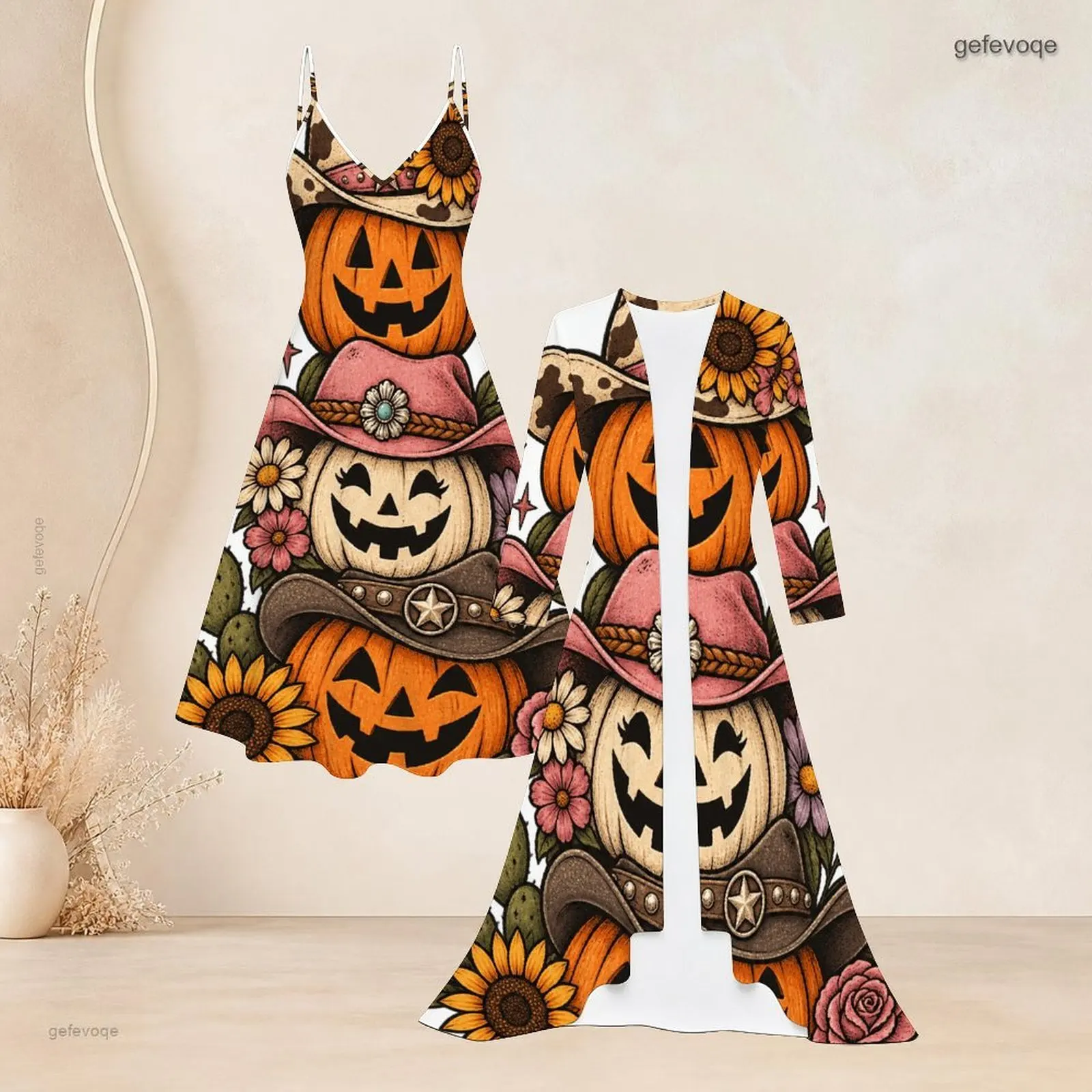 Women Printed Western Pumpkin Sunflower Floral Strappy Dress and Long Sleeve Open Front Cardigan Two Piece Set