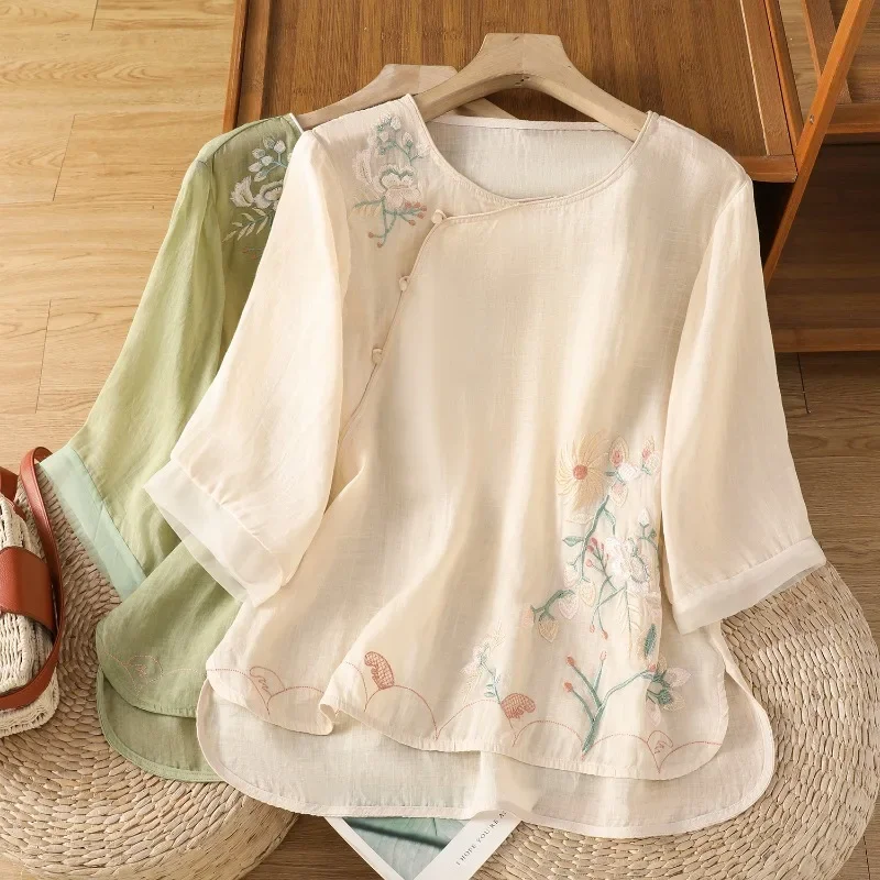 Blusas de estilo chino para mujer, camisas bordadas, ropa holgada de verano a la moda, Tops coreanos de lino y algodón de manga corta para mujer