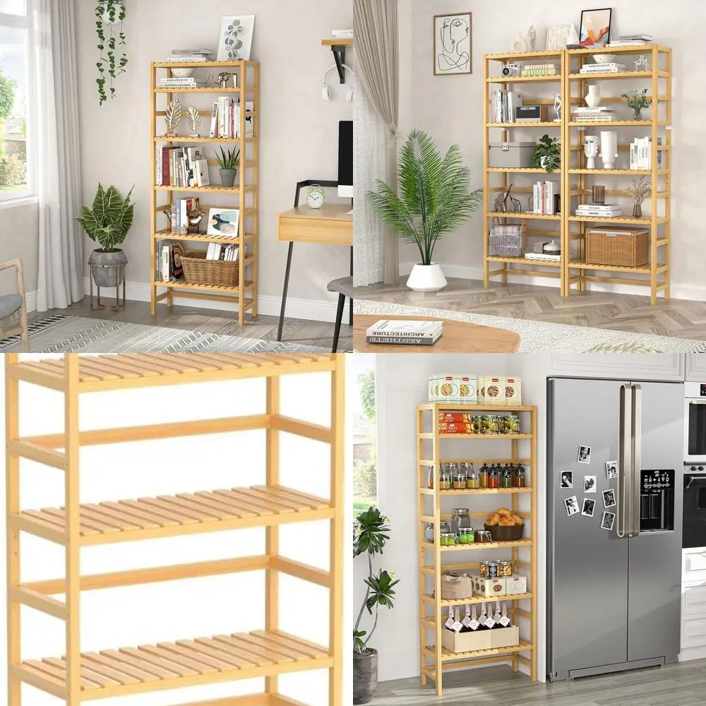

6-уровневые бамбуковые книжные полки и книжные шкафы, регулируемая стойка-органайзер для книжных полок высотой 63,4 дюйма, отдельно стоящие стеллажи для хранения U