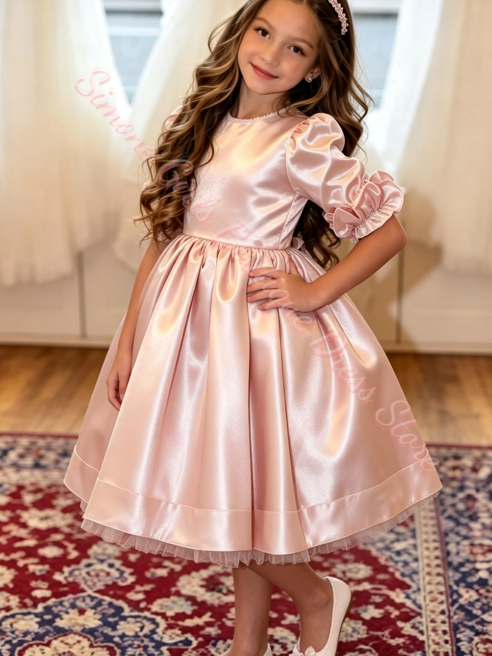Großhandel Maßgeschneidertes Champagnerfarbenes Blumenmädchenkleid für Hochzeiten, Tüll, bauschig, 3/4-Ärmel, hohe Taille, Kindergeburtstag, Erstkommunion – Detail 3