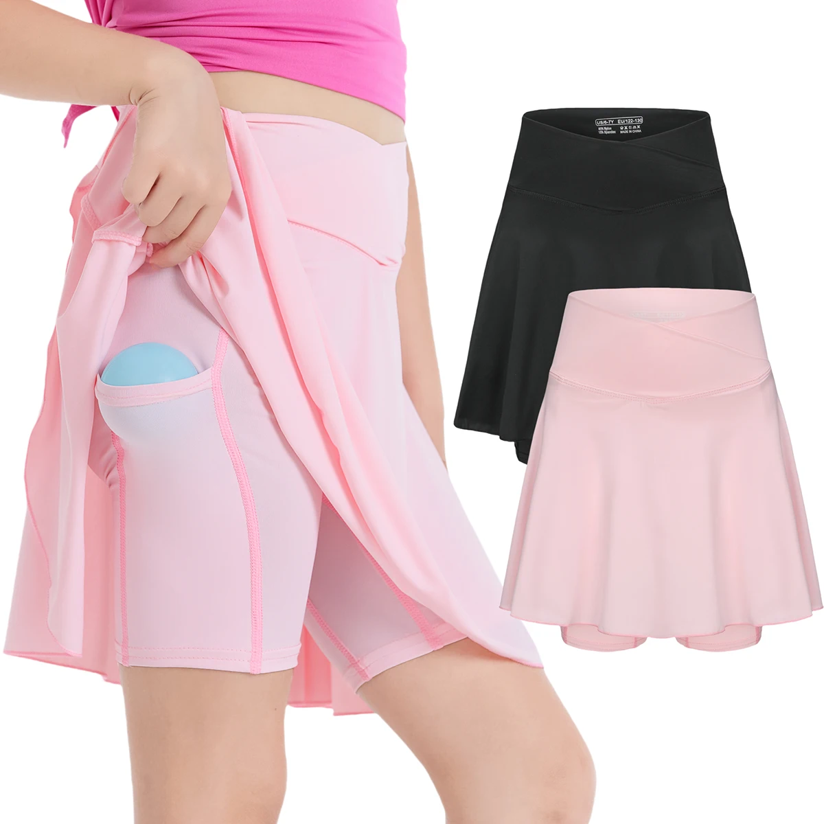 Girls Tennis Athletic Skirt with Side Pocket Shorts High Waist Active Skort for Girls Kids Teen FW103
