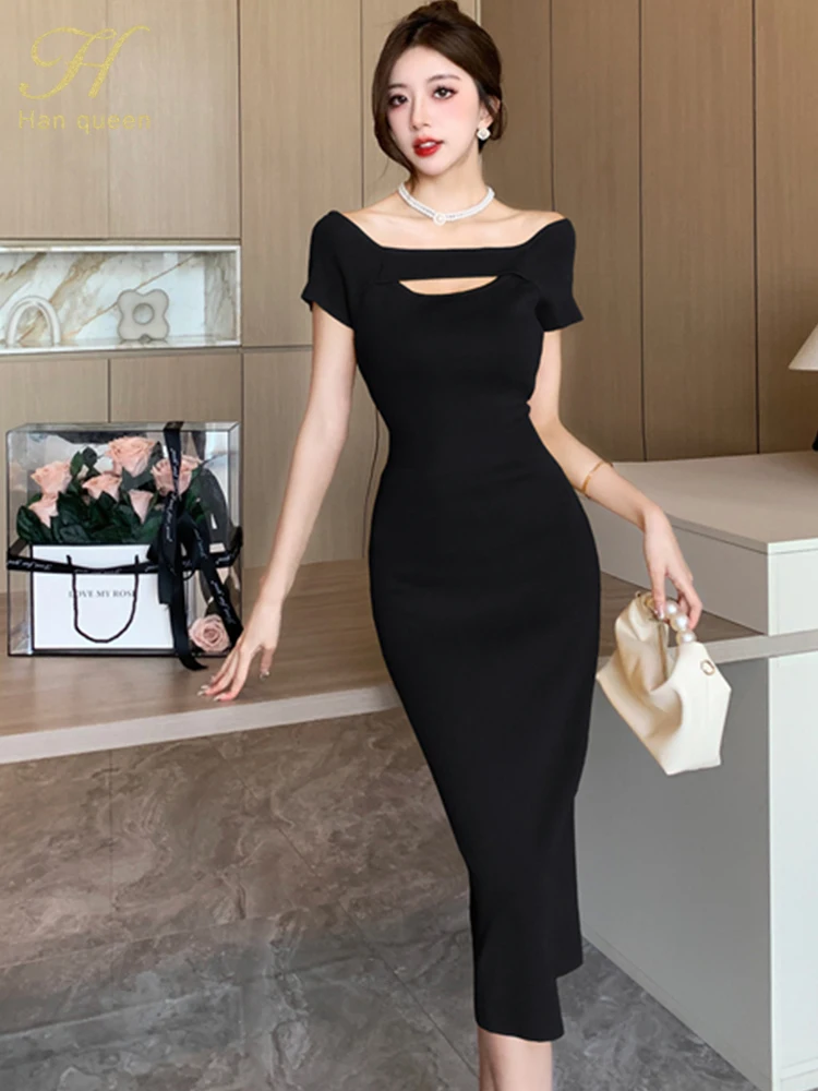 H Han Queen Summer Clothes Women 2024 Simple Vintage Dresses Office Bodycon Pencil Sheath Midi Dress Slim Elegant Chic Vestidos