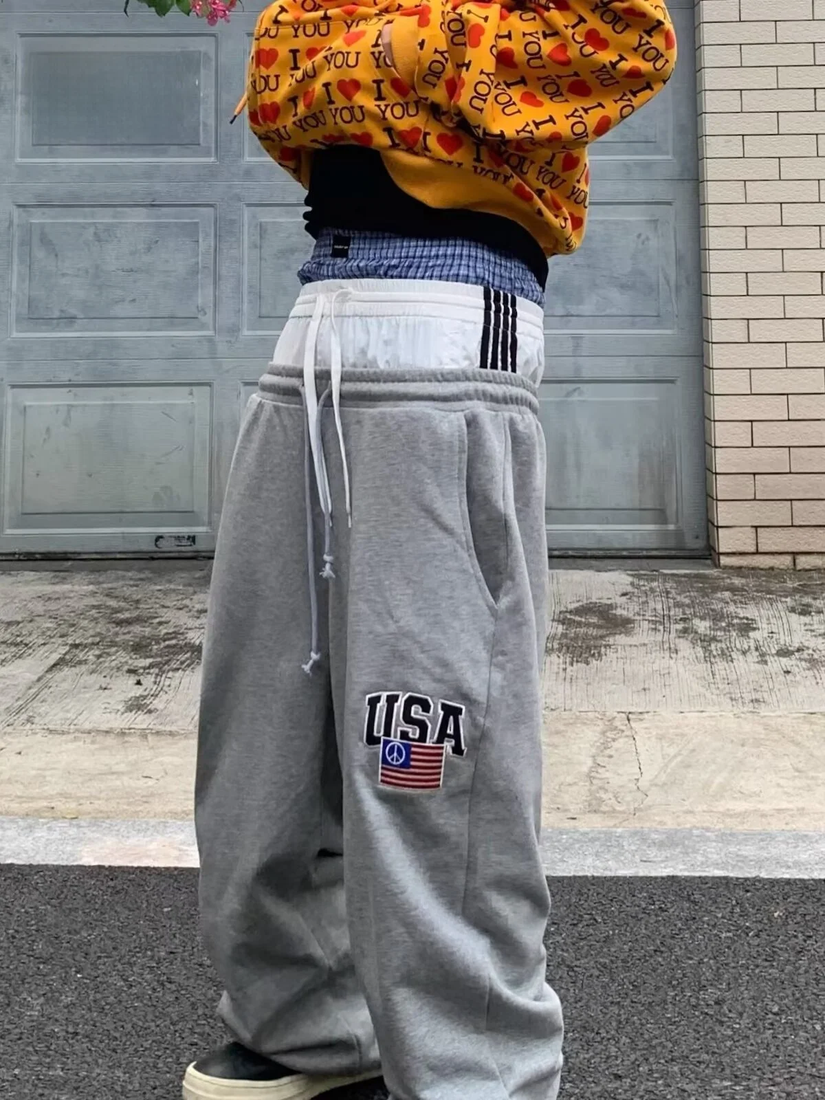 American High Street Fake Three-Piece Wide Leg Straight Casual Pants Unisex Drawstring Sweatpants Asymmetrical Commute Style ...
