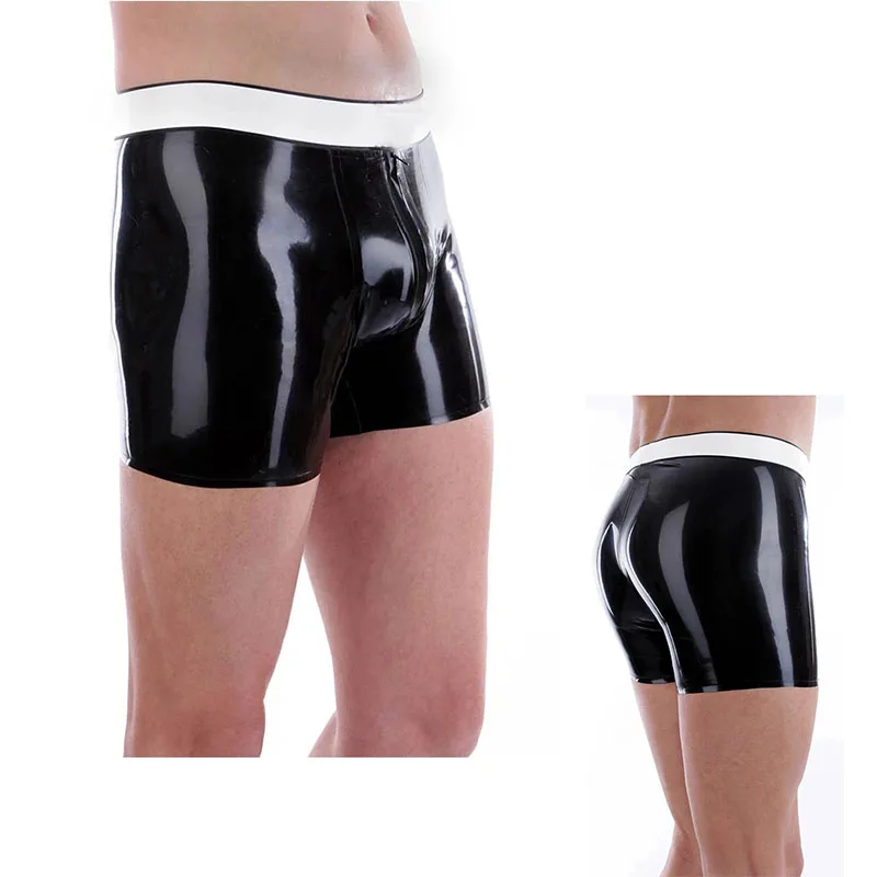 

Handmade Men's Black Latex Boxer Rubber Underwear Short Pants Front Zip with White Strip