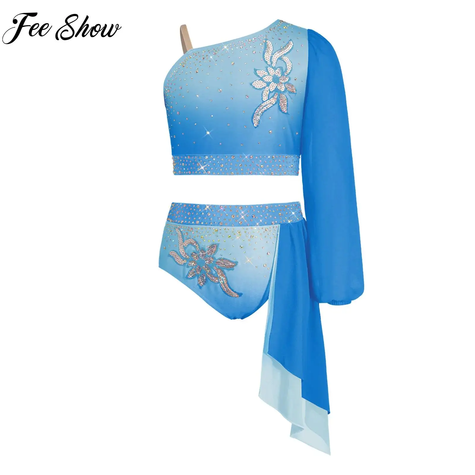 Kid Girls Lyrical Figure Skating Dance Performance Outfit Applique Belly Set One Shoulder Long Sleeve Crop Top And Draped Briefs