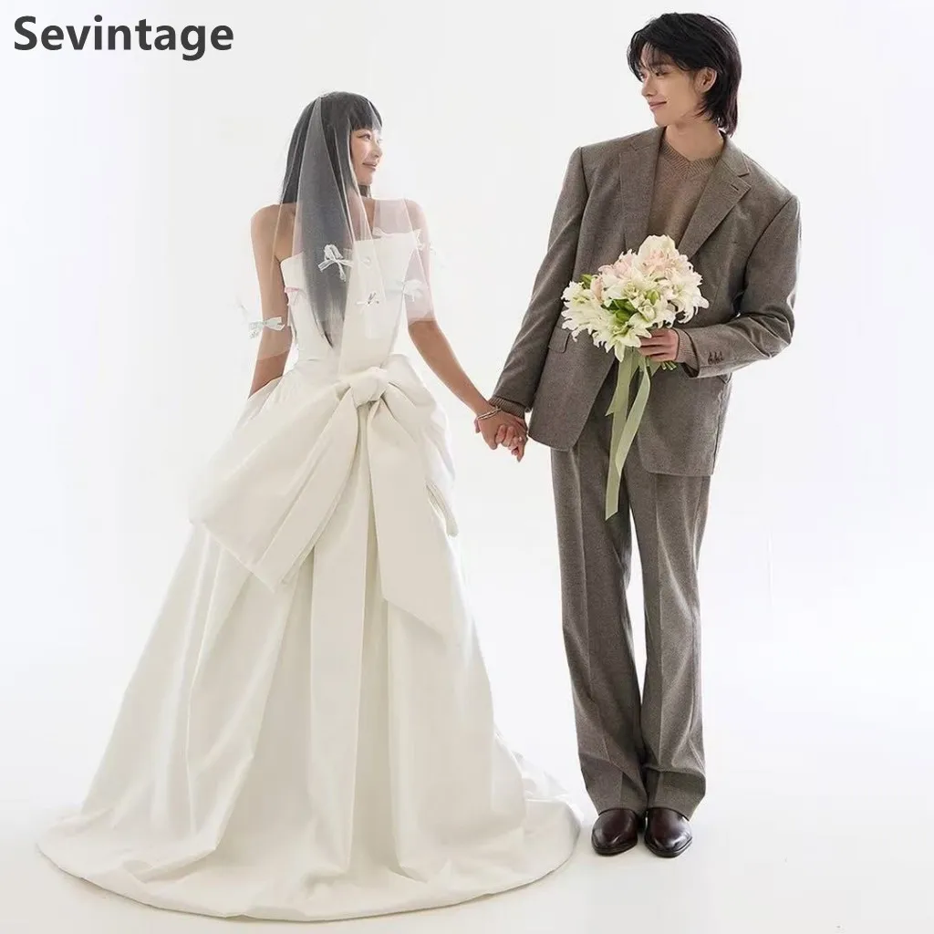 Sevintage العاج الكورية الكرة ثوب الساتان فستان الزفاف بدون حمالات القوس فستان زفاف أنيق فساتين حفلات الزفاف 2025 مخصص #2