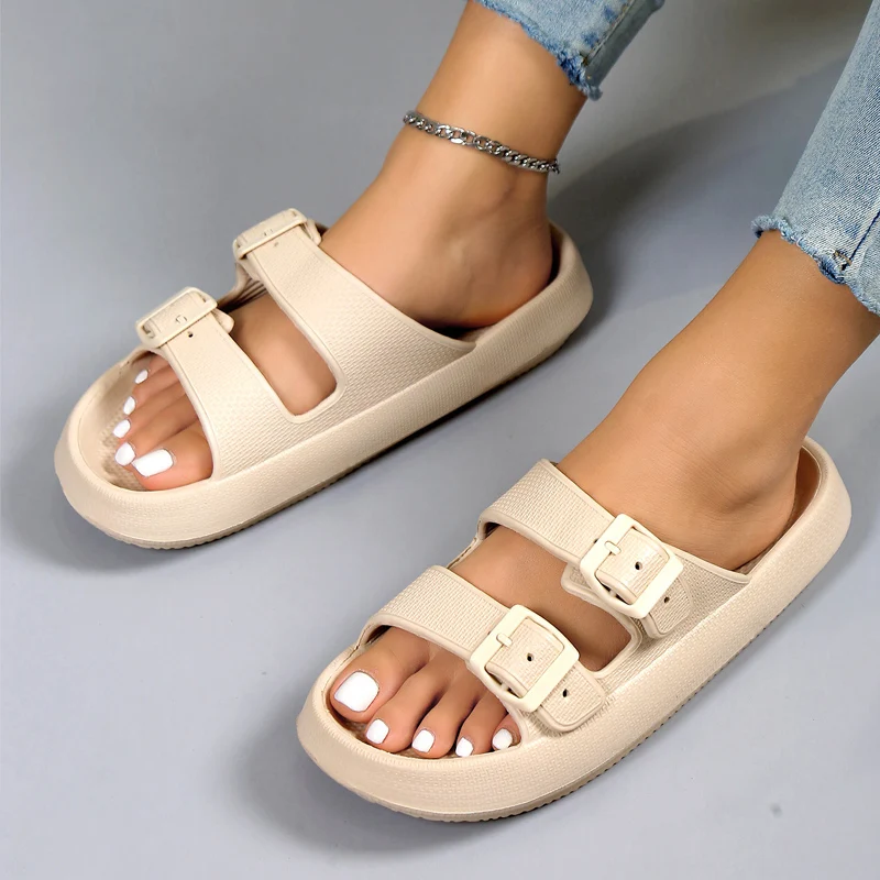 Summer Slippers Double Buckle Slide Sandals Women Couple Home Slides EVA Thick Sole Light Weight Flip Flops Bothe Shower Shoes