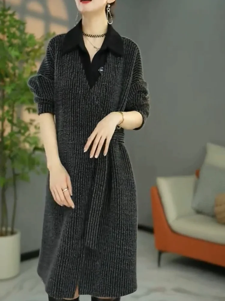 

Корейское вязаное платье с воротником, длинное, женское, модное, больших размеров, универсальное, стройнящее, А-силуэт, повседневное, утепленное, с длинными рукавами