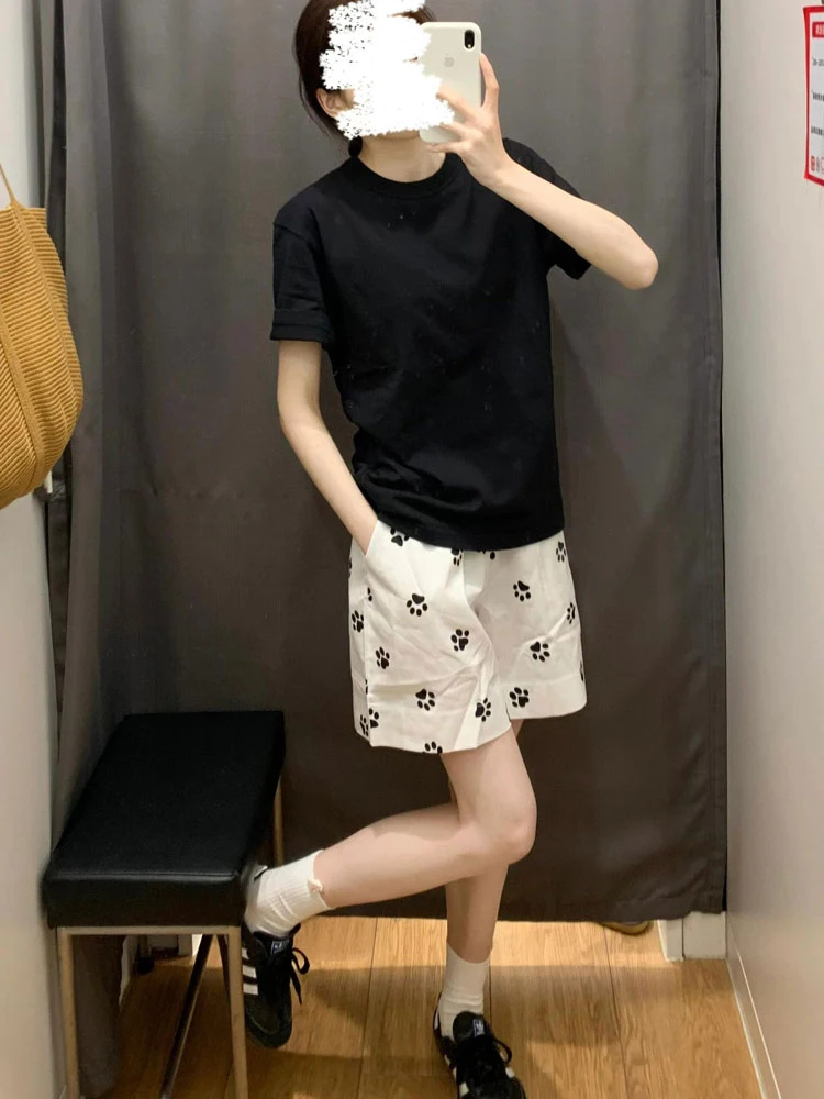 Niedlicher Hund mit Fußabdruck, lässig, für Damen, hohe Taille, weites Bein, Sport, Outdoor, Zuhause, Fünfviertel-Länge, Sommer, neue Sle