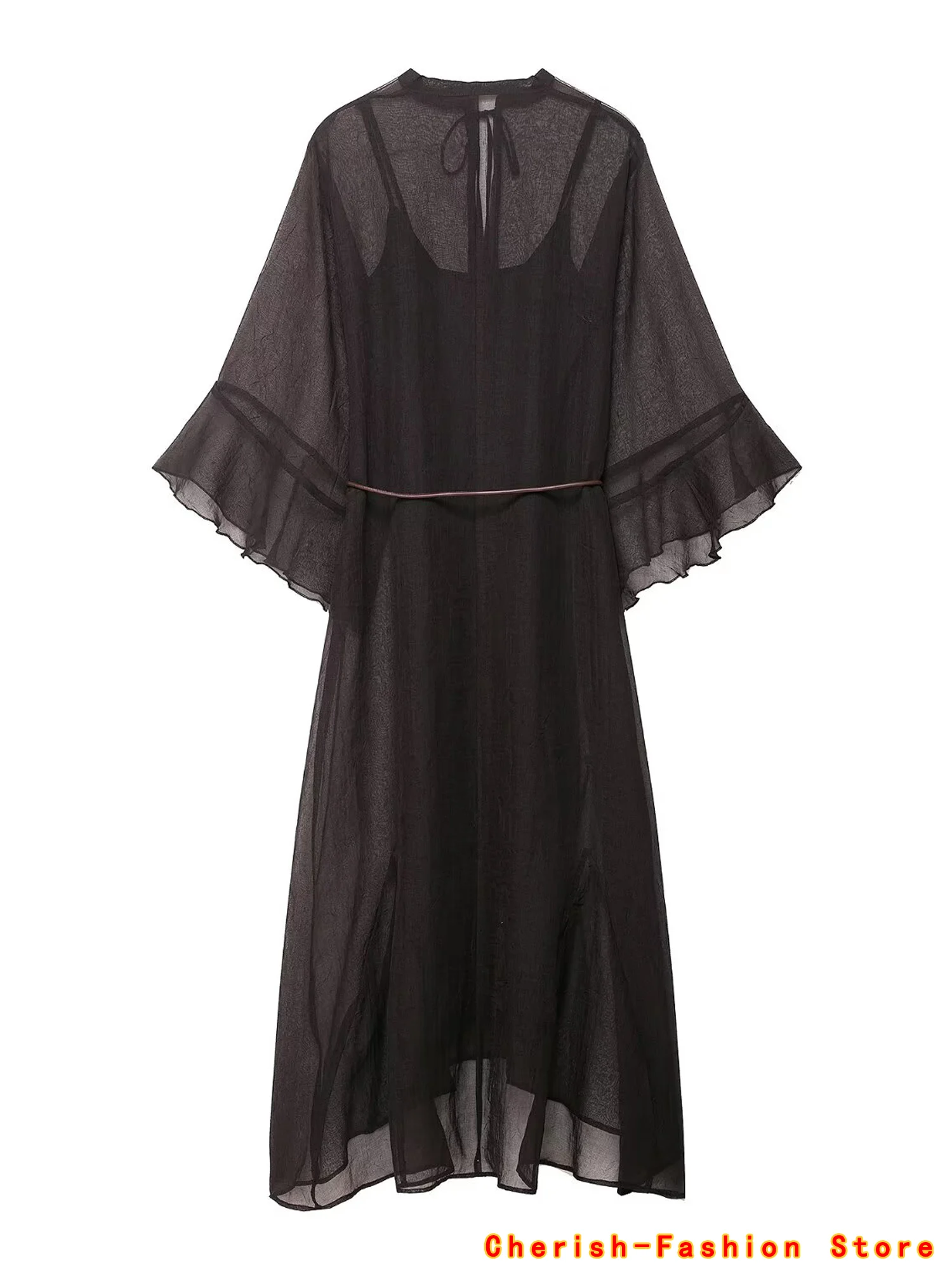 Ruffle Lange Jurken voor Vrouwen Fee Ruches Merk Jurk Vrouwen Lente Semi Sheer Dames Jurken Losse Party Damesjurk