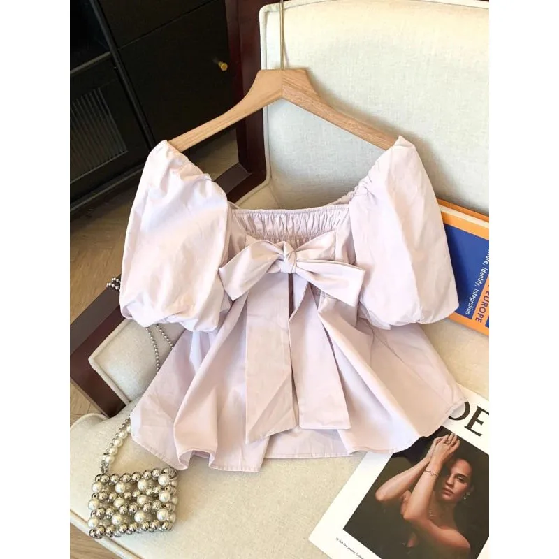 Summer New Solid Color Square Collar Pleated Spliced Bow Pan Button Fashion Sweet Slim Puff Sleeve Women\'s Chiffon Shirt Blouse