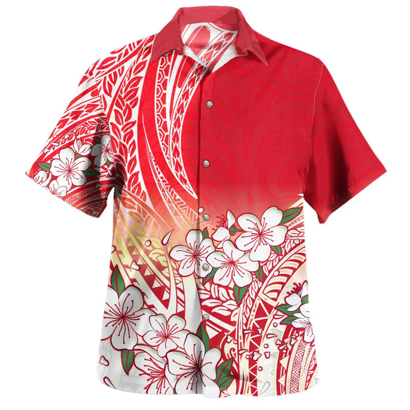 Hibiscus Plumeria Flower Pattern Hawaiian Shirts Men Polynesian 3d Printed Blouse Tops Short Sleeves Loose Lapel Button Shirt