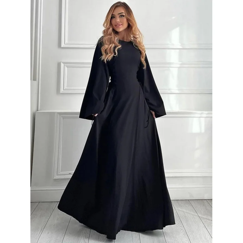 Women's Clothing2024Autumn and Winter New Fashion Temperament Slim Back Lace-up Waist-Controlled Long Sleeve Dress