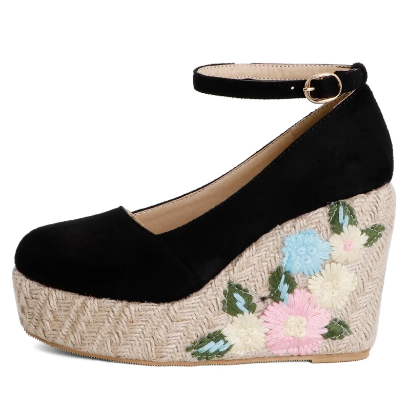 

Large Size 45 Wedge Shoes For Women Embroidery High Heels Female Pumps Platform Ankle Straps Knitted Pink Wedding Party Shoe