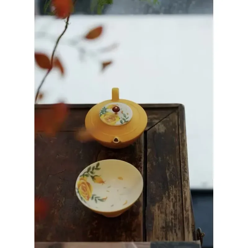 Hand Painted Yellow Rose Ceramic Teapot and Cup Set Traditional Chinese Style Heat Resistant Durable Eco Friendly Tea