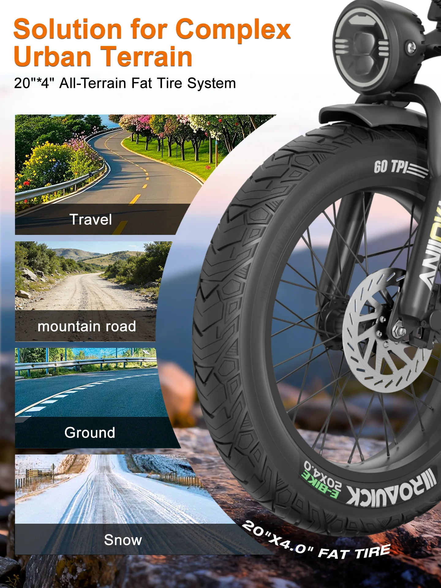 

2026 ANIIOKI Electric bike 1500W Peak Motor 48V 60Ah Battery Long Battery Life 31mph Adult EBike Fat Tires 20"*4"