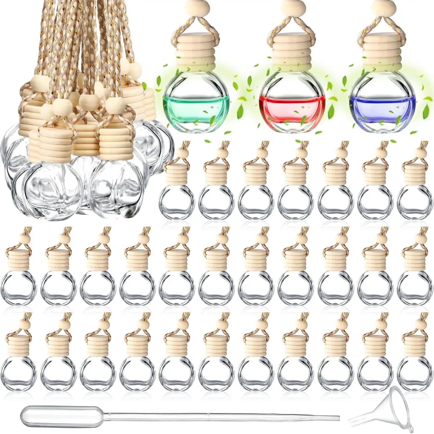 

4Pcs Car Aroma Diffuser 8ml Mini Refillable Hanging Diffuser Wooden Caps Clear Glass Pendant Car Air Fresher Home