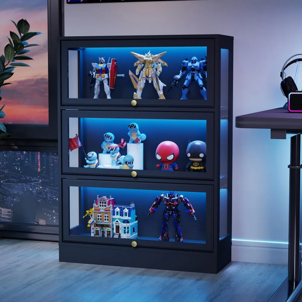 Display Cabinet with Acrylic Glass Doors,3-Tiers Curio Cabinet with LED Lighting for Collectibles, Collectibles Toy