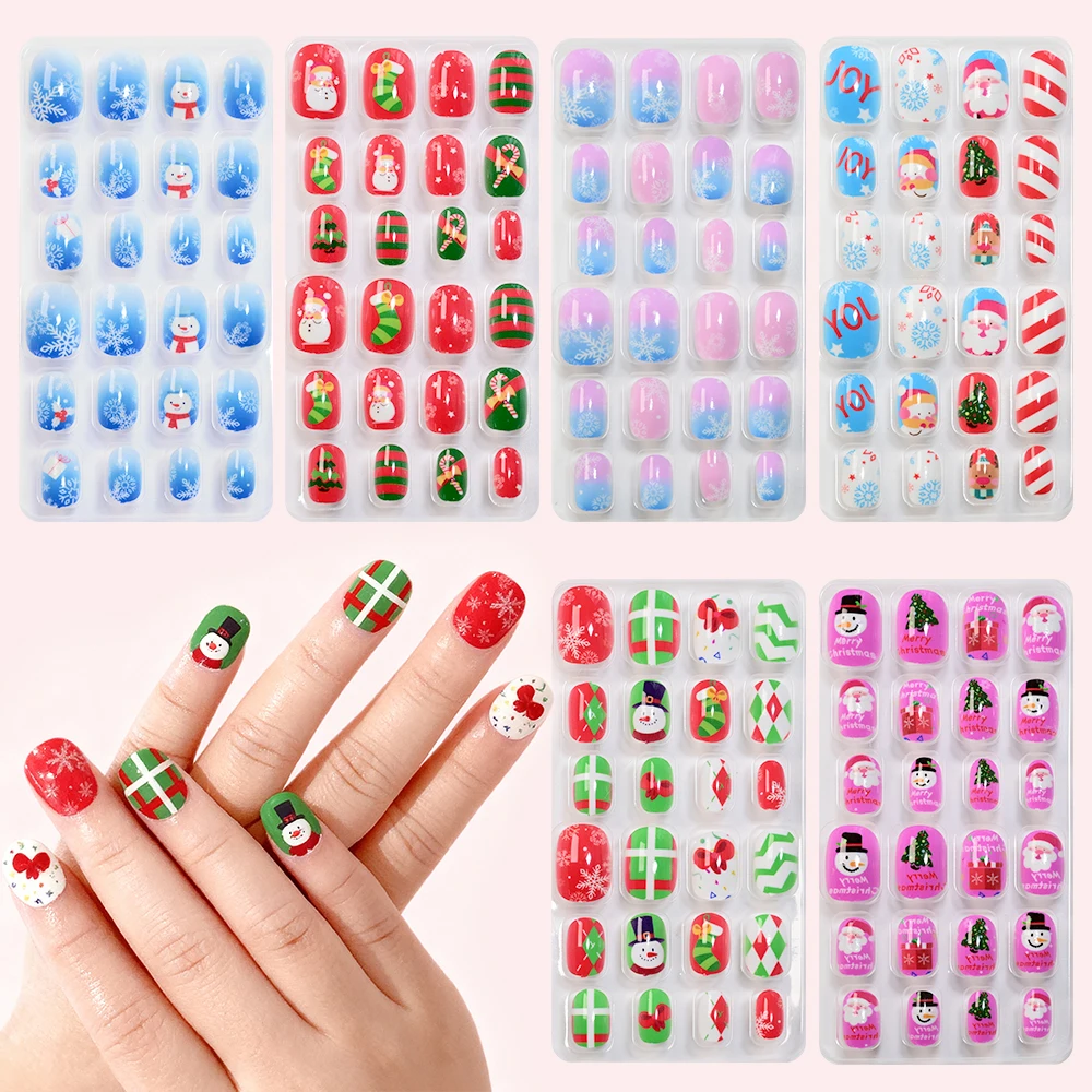 144Pcs Christmas Children False Nails Lovely Snowman Snowflakes Press On Nail Tip DIY Short Round  Kid Gifts False Nails Tips