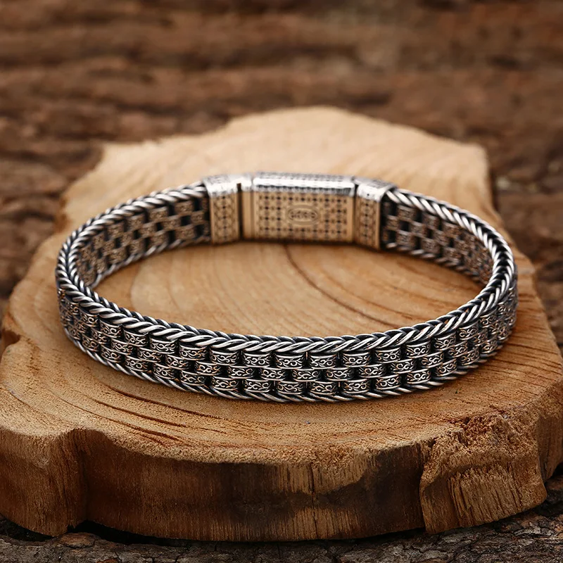Lucky And Wealthy 925 Sterling Braided Bracelet With Grass Pattern, Thick Style, Men'S Thai Silver Vintage Jewelry