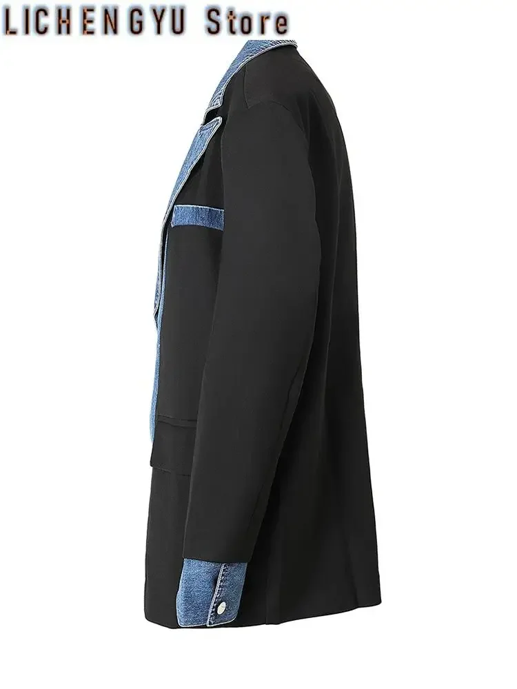 Women Dark Blue Deinm Spliced Big Size Blazer New Lapel Long Sleeve Loose Fit Jacket Fashion Spring Autumn