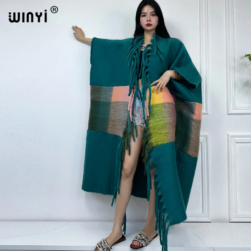 WINYI Catwalk model winter coat dress for women Africa print tassels Luxury Long Fur Loose OverCoat Thick Warm long down coat