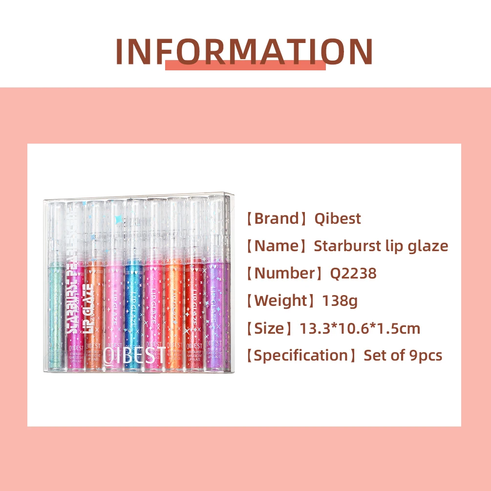 QIBEST 9 Colors Lip Gloss Set Starburst Pearlescent Liquid Lipstick Shiny Moisturizing Lip Glaze Glitter Makeup Kit Long-lasting