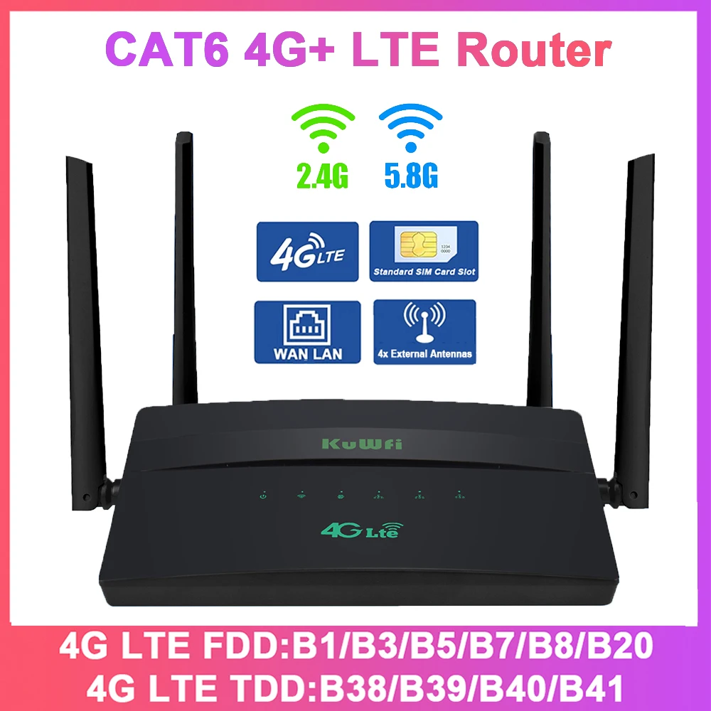 

Маршрутизатор KuWFi 4G+ CAT6 LTE-модем AC1200 2.4G 5G двухдиапазонный Wi-Fi-маршрутизатор со слотом для SIM-карты 100M Ethernet-порт 32 пользователя 4G к Wi-Fi