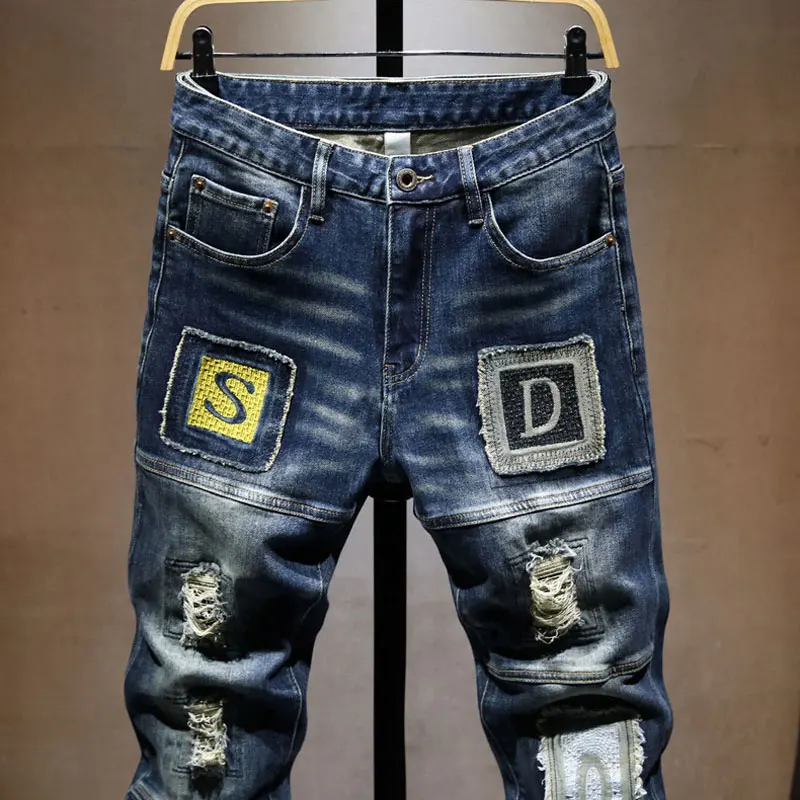 Street Designer Fashion Men Jeans Retro Blue Stretch Slim Fit Embroidery Patched Ripped Jeans Men Y2K Hip Hop Denim Pants Hombre
