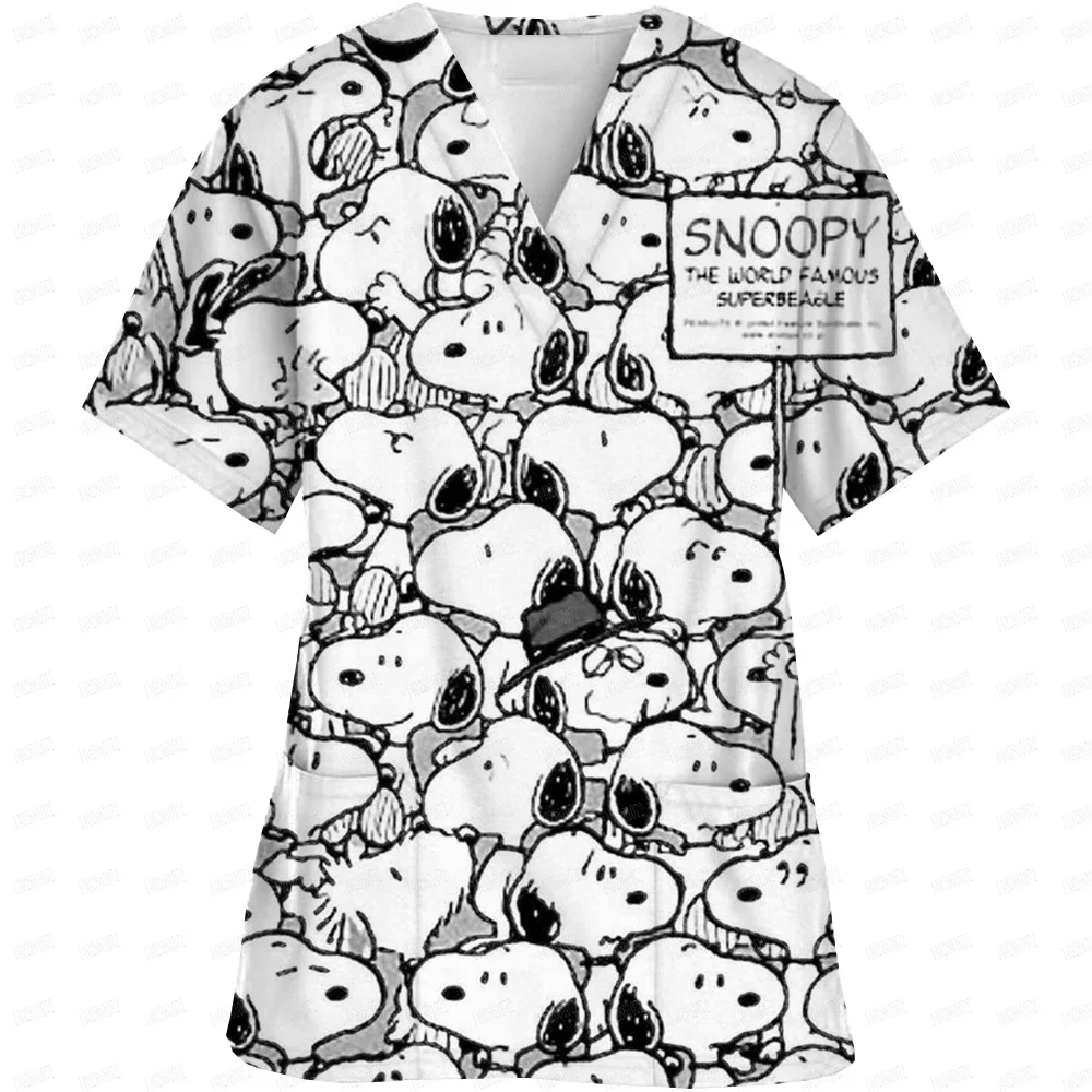 New 2024  Women Short Sleeve Tops With Pocket Working Uniform Snoopy Printed T-Shirts Uniforms Short Sleeved Scrubs For Women ﻿