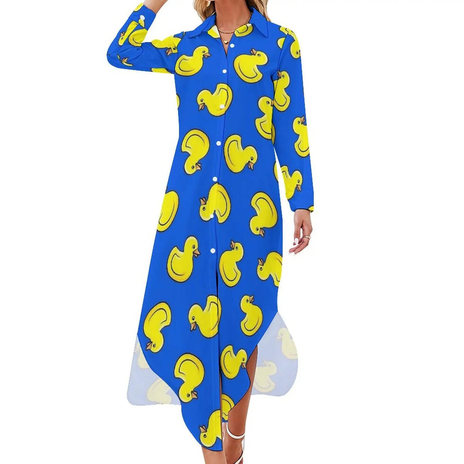 Rubber Ducks Chiffon Dress Duck Bath Toy Trendy Dresses Women Long Sleeve Streetwear V Neck Design Big Size Casual Dress