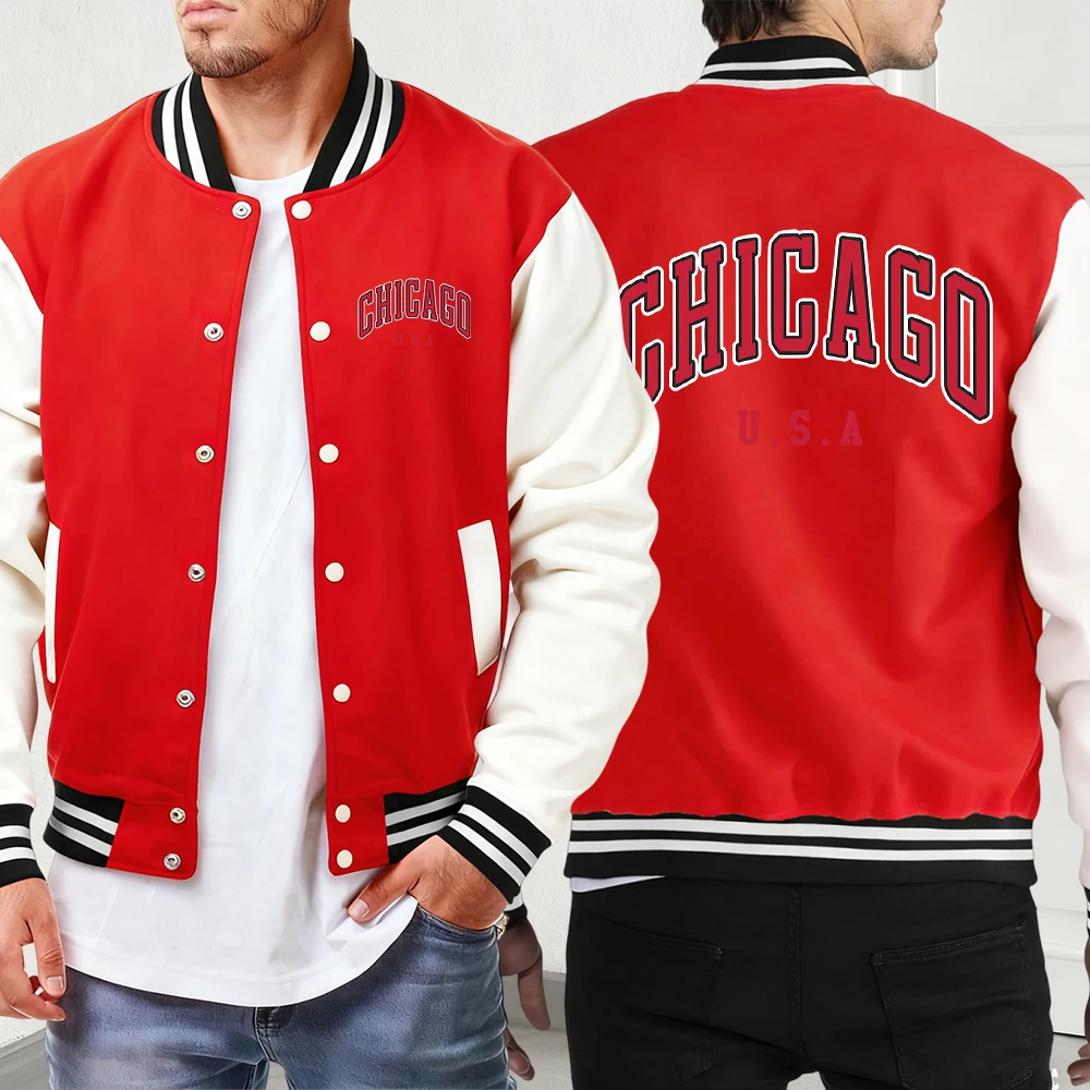 

Chicago Usa Letter Printing Sportswear Unisex Loose Autumn Jackets High Street Fashion Baseball Uniform Classic Pocket Menswear