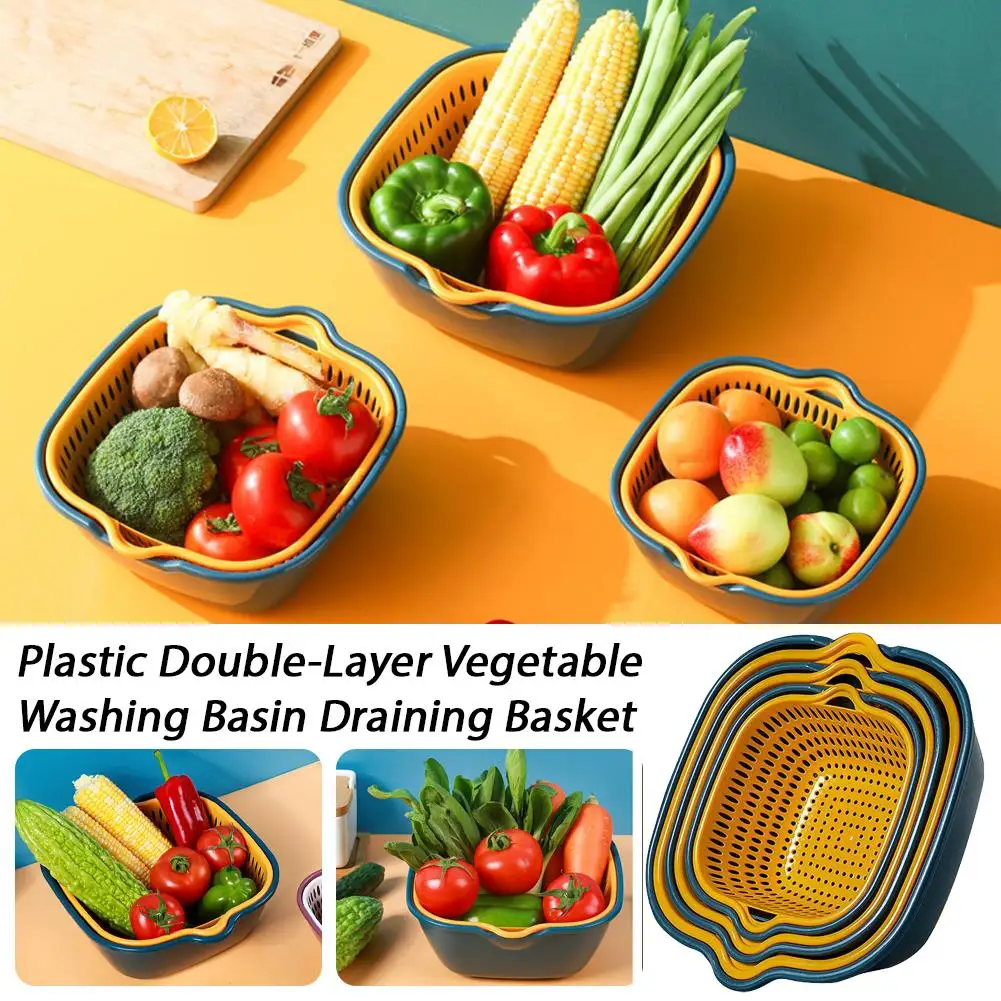 6pcs Double Layer Colander Set Plastic Fruit Vegetable Strainer with Drainage Basket Nesting Kitchen Sieve Bowl Set for Home