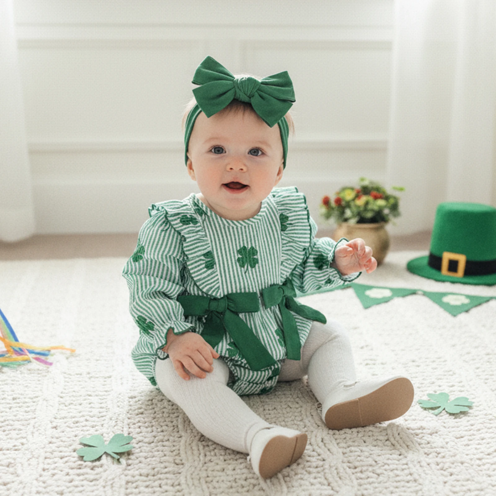 Irish Festival Baby Girls 2 Piece Outfits Long Sleeve Round Neck Shamrock Print Jumpsuit with Bow Headband 0-18M