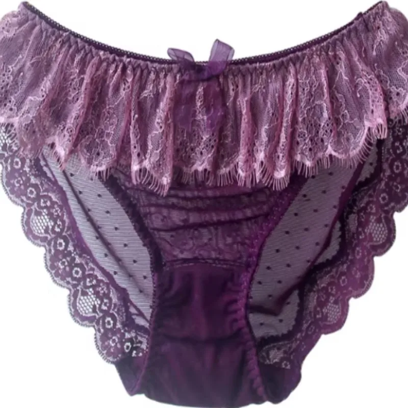 Plus Size Sexy Women Briefs See Through Lace Ruffled Bow Cute Sweet Polka Dot Mesh Lingerie Sissy Comfortable Party Underwear
