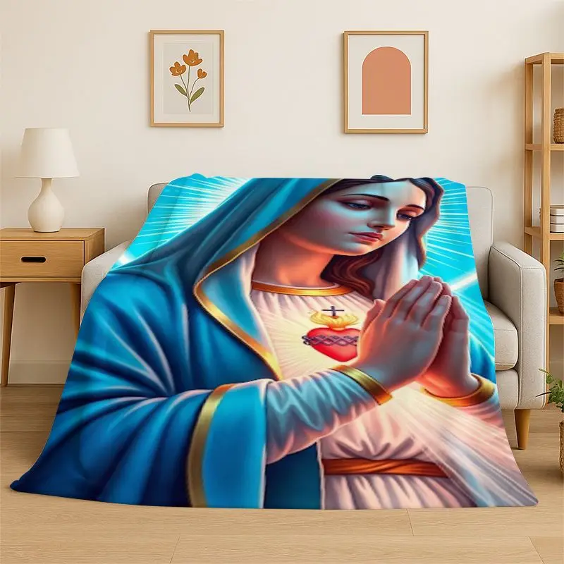 Virgin Mary Christian Faith Flannel Blanket Soft Throw Blanket for Bedroom Living Room Bed Travel Camping Picnic Nap Cover Gift