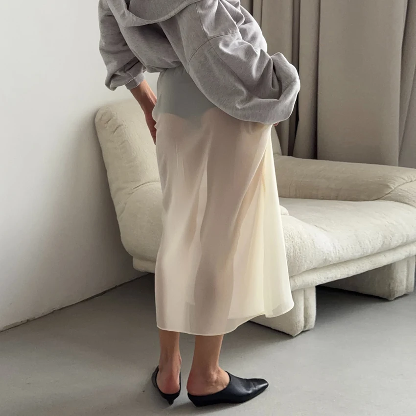 Linad Elegant Beige Sheer Midi Straight Skirts Women Street Chic Loose Elastic Waist Skirts 2026 Casual Black Mid-Calf Skirt