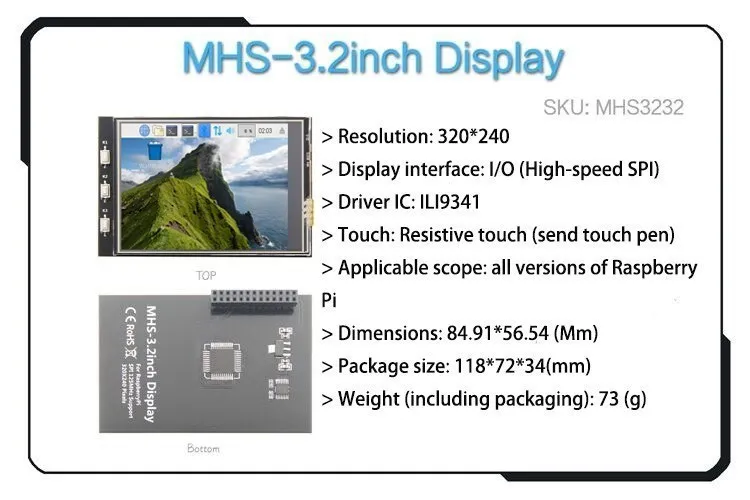 MHS high speed SPI series 3.2 inch/3.5 inch/4.0 inch touch color display for  raspberry  PI