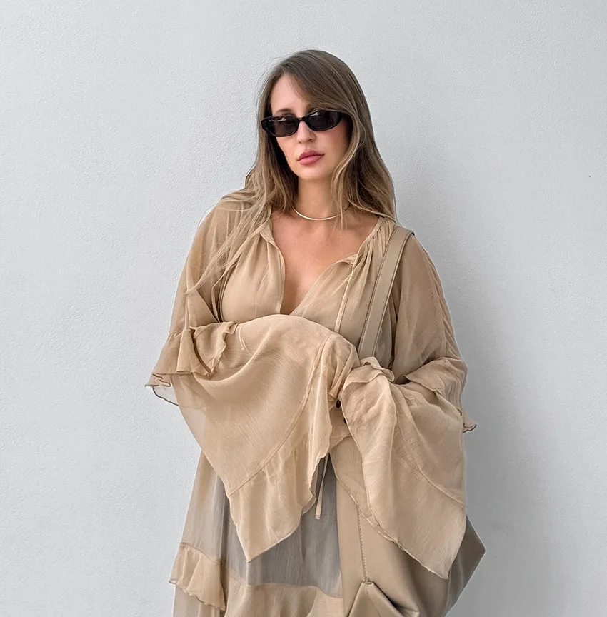 Khaki autumn and winter new ruffle edge dress 2024 European and American fashion sunscreen cover