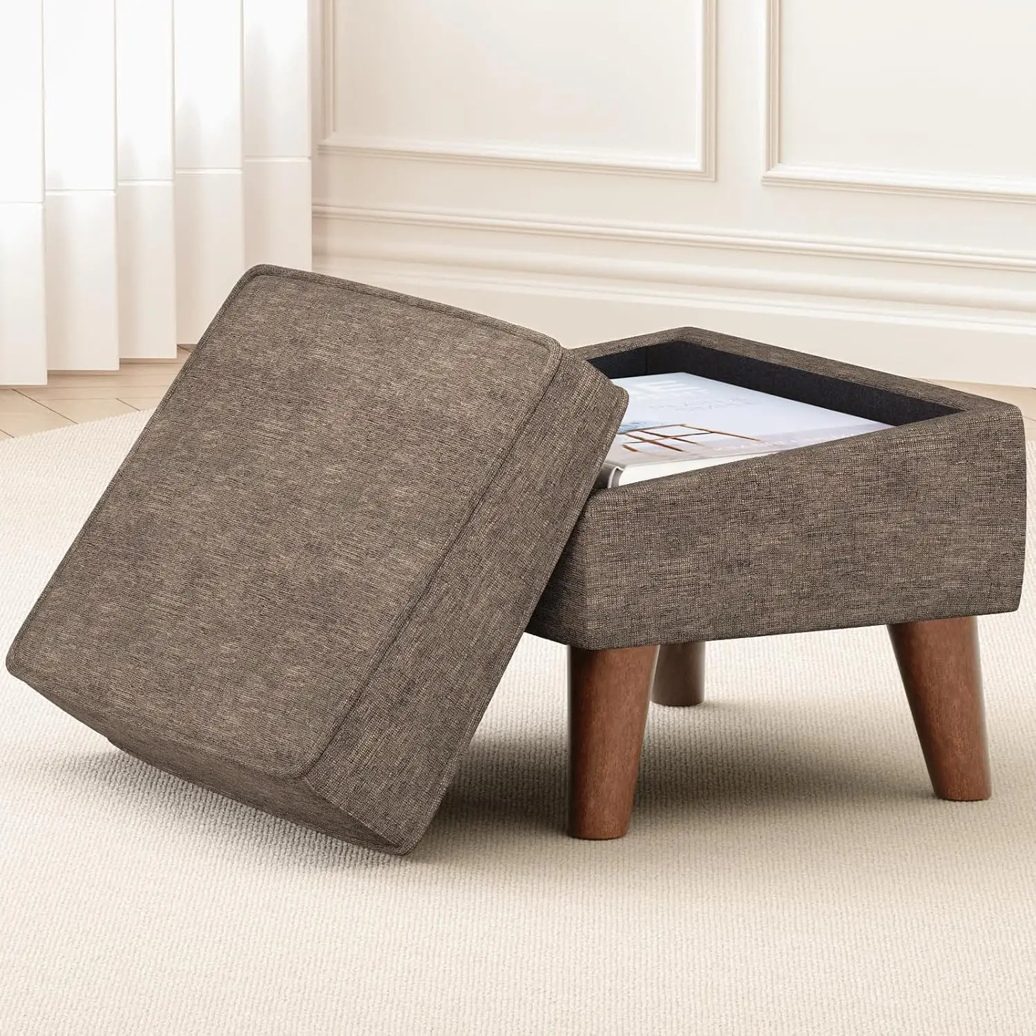 

Small Footstool Ottoman with Adjustable Lid, Storage Ottoman, Foot Rest for Couch, Foot Stool with Sturdy Wood Legs, Brown