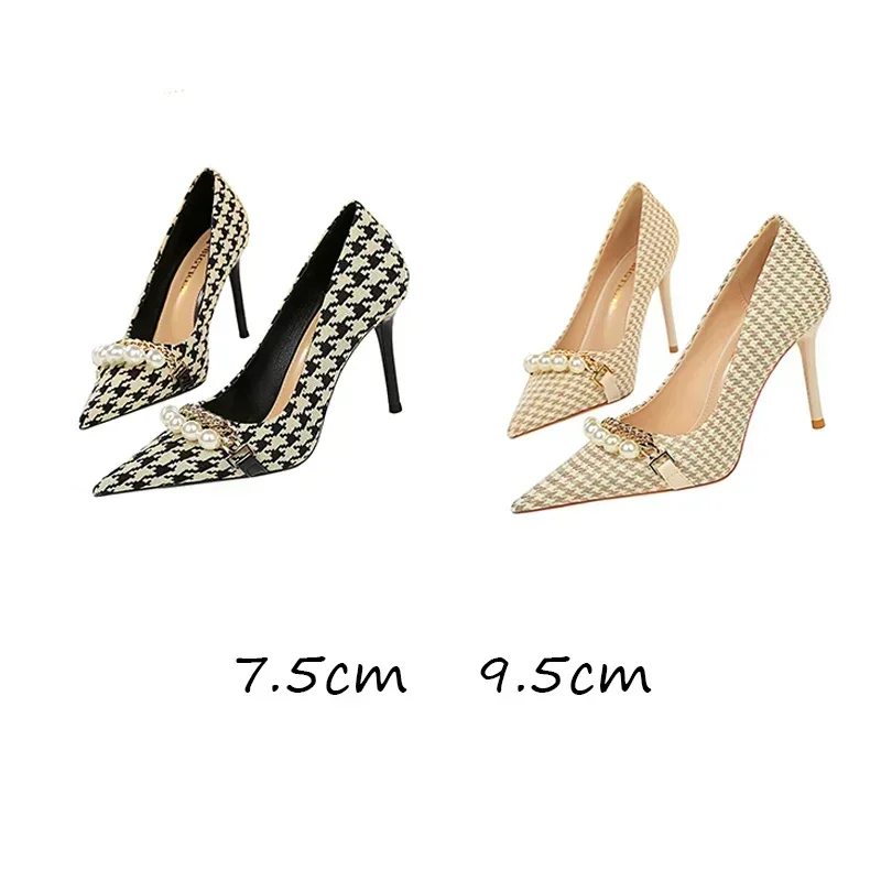 Women 7.5cm 9.5cm High Heels Comfortable Plaid Pumps Lady Holiday Middle Low Heels Fashion Replica Pearl Scarpins Evening Shoes