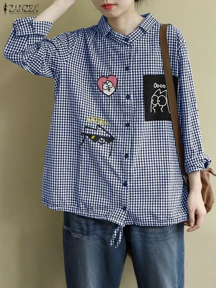 

ZANZEA, стильные женские рубашки в мелкую клетку с мультяшным принтом, осень 2021, свободные топы с отложным воротником и длинными рукавами на пуговицах на шнуровке, S-3XL
