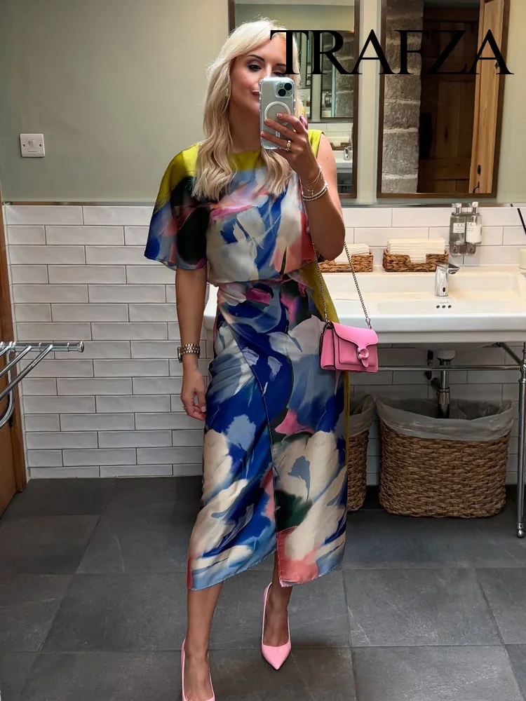

HH Summer Woman 2025 Elegant Side Zipper Printed Decoration O-Neck Midi Dress Women Asymmetry Waist Tightening Dresses