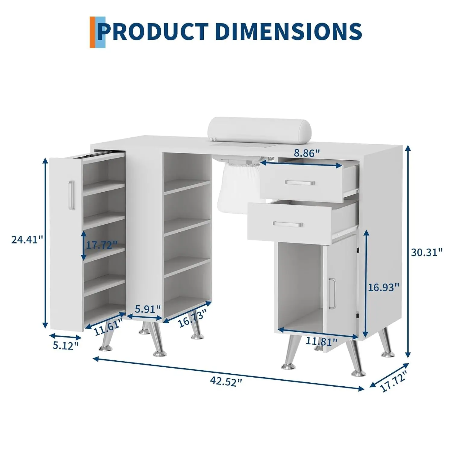 Professional Manicure Table Nail Desk Station with Dust Collector, 2 Drawers, Wrist Rest, Storage Cabinet, Vertical, Customized