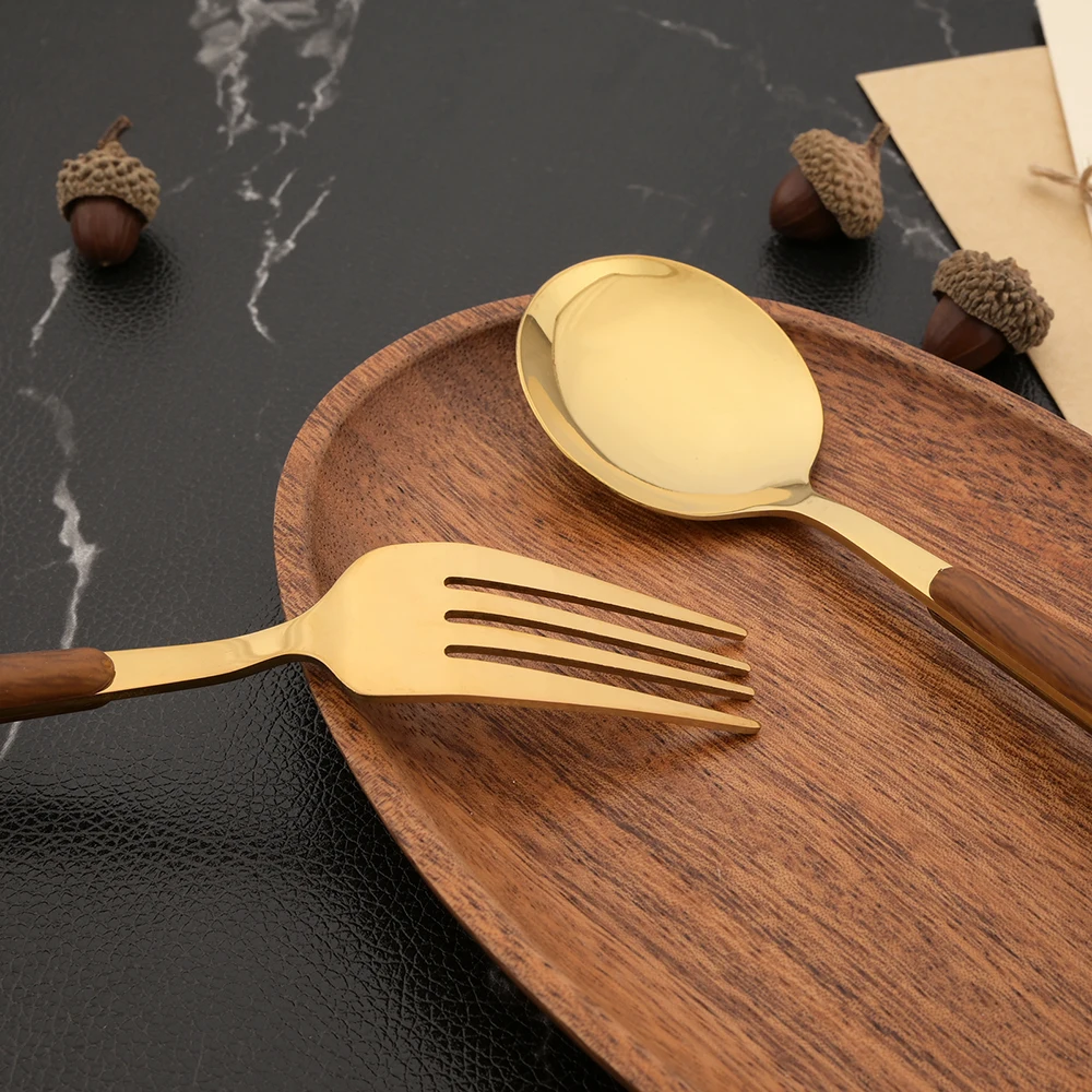 Gold Western Stainless Steel Cutlery 6/30Pcs Dinnerware Imitation Wooden Handle Tableware Knife Coffee Spoon Fork Flatware Set